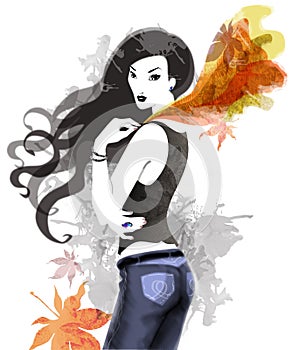 Illustration of fashionable woman wearing scarf, decorated with autumn leaves