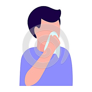 Ill abstract man with handkerchief. Disease, cold, weakness. Vector illustration on white background