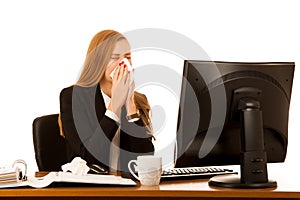 Ill business woman works in office - illness on work