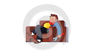 Ill construction worker man sleeping on armchair