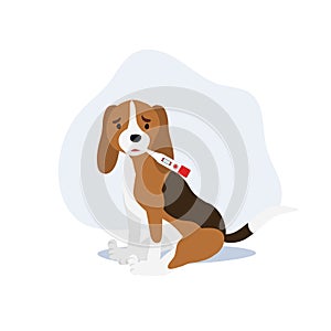 Ill dog concept. Dog with thermometer. Flat vector cartoon illustration
