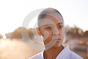 Ill face any challenge...and win. A focused young sportswoman wearing a gi and looking away.