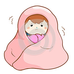 Ill girl shivering hard under blanket photo
