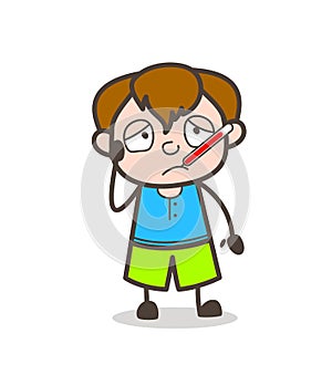 Ill Kid with Fever Thermometer - Cute Cartoon Boy Illustration