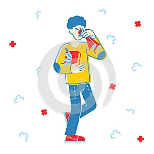 Ill Man Sneezing. Diseased Male Character with Red Nose Holding Wipes Suffering of Cold Virus Contagious, Flu and Cold