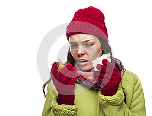 Ill Mixed Race Woman with Empty Medicine Bottles Blowing Nose