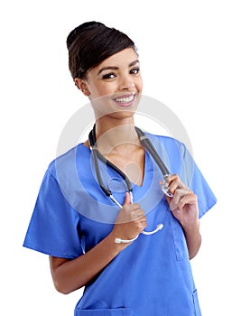 Ill take good care of you. Studio shot of a young medical professional isolated on white.