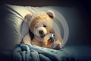 Ill Teddy bear lying sick in bed. Cold and flu. Generative AI