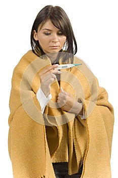 Ill woman with clinical thermometer