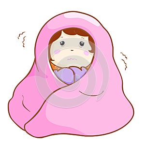 Ill woman shivering hard under blanket