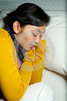 Ill young woman sleep on bed