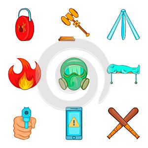 Illegal action icons set, cartoon style