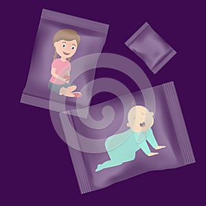 Illegal children trafficking and carriage vector illustration concept. Little children packed in plastic bags like goods