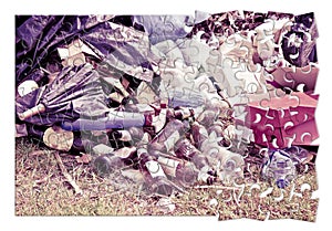 Illegal dumping in the nature - concept image in jigsaw puzzle shape