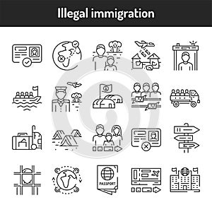 Illegal immigration color line icons set.