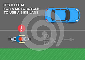 It is illegal for a motorcycle to use a bike lane. Top view of a biker riding on the bike lane.