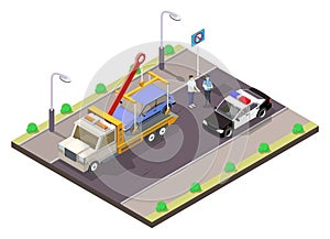 Illegal parking isometric scene vector illustration
