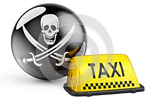 Illegal taxicabs concept. Yellow taxi car signboard with piracy flag, 3D rendering