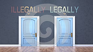 Illegally and legally as a choice - pictured as words Illegally, legally on doors to show that Illegally and legally are opposite photo