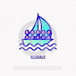 Illegals on boat thin line icon