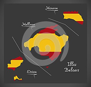 Illes Balears map with Spanish national flag illustration