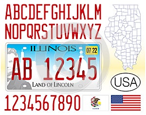 Illinois car license plate, USA, letters, numbers and symbols