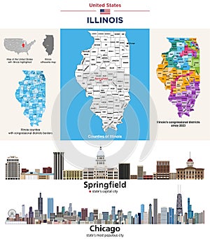 Illinois counties map. State\'s capital city (Springfield) and Chicago (state\'s largest city)