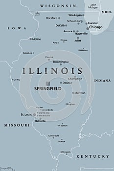 Illinois, IL, gray political map, US state, Land of Lincoln