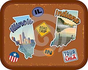 Illinois and Indiana travel stickers with scenic attractions