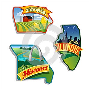 Illinois Missouri Iowa vector illustrations designs US series