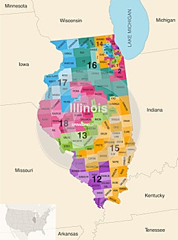Illinois state counties colored by congressional districts vector map with neighbouring states and terrotories