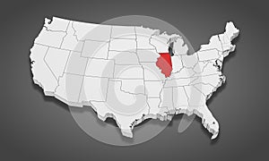 Illinois State Highlighted on the United States of America 3D map. 3D Illustration