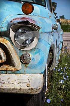 Illinois, United States, circa June 2016 - old classic rusted Chevrolet pickup truck parked on route 66