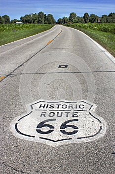 Illinois, United States - circa June 2016 - two lane route 66 sign painted on road in Midwest