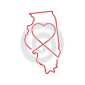 Illinois US state red outline map with the handwritten heart shape. Vector illustration