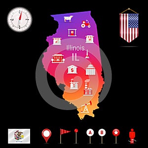 Illinois Vector Map, Night View. Compass Icon, Map Navigation Elements. Pennant Flag of the USA. Industries Icons