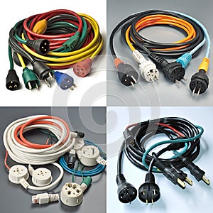 4 illlustrations of electric cables in a circle on empty neutral backgrounds