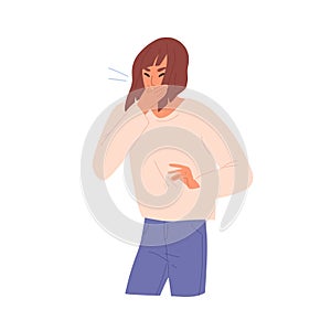 Illness female coughing closing mouth by hand vector flat illustration. Unwell girl with flu, grippe or seasonal disease photo