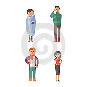 Illness flu people feeling cold and blowing his nose vector illustration.