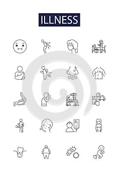 Illness line vector icons and signs. Disease, Malady, Ailment, Affliction, Ill, Woe, Unwell, Hardship outline vector
