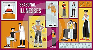 Illnesses seasonal bento grid illustration set