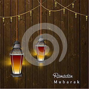 Illuminate Arabic Fanoose String Light Hanging on Wooden Background for Islamic Festival of Ramadan Mubarak Celebration