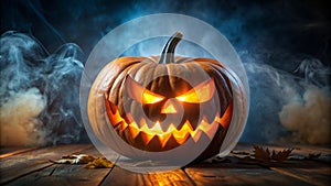 Glowing Halloween Jack-O\'-Lantern with Menacing Face in Smoky Atmosphere photo