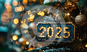 Illuminated 2025 sign hanging on a Christmas tree with twinkling lights, symbolizing hope and festivity for the upcoming New