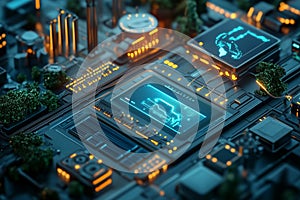 Illuminated abstract motherboard with glowing visualizing of digital infrastructure.