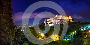 Illuminated Acropolis with Parthenon at night, Greece.