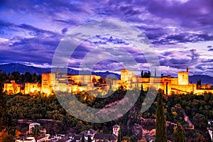 Illuminated Alhambra Fortress Aerial View at Dusk, Granada, Andalusia