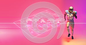 Illuminated american football field with start text and player with ball running on pink background