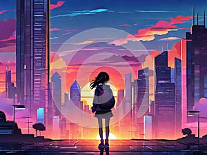 Illuminated Anime Cityscape: Sunset Radiance in Neo-Crisp Illustration.