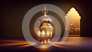 Illuminated Arabic Lantern Against Arch Window with Distant Mosque Silhouette in purple golden colors